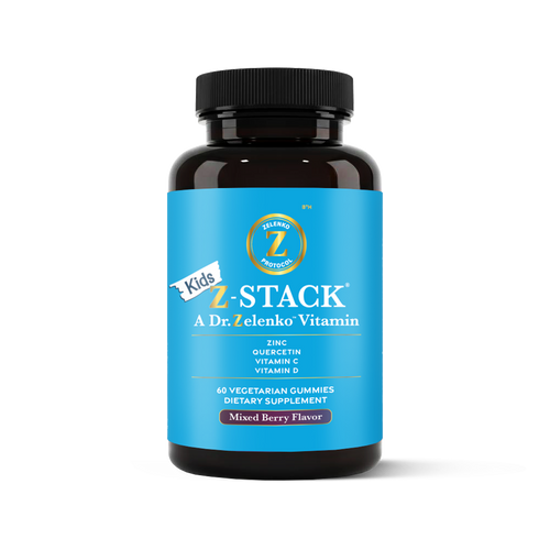 Bottle of Kids Z-Stack vitamins with blue label and black cap on white background