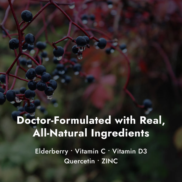 Z-Flu Ingredients on elderberry branch background