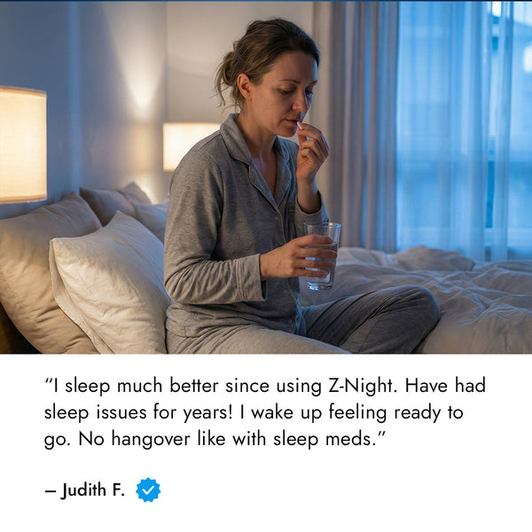 Z-Night review with image of woman on a bed taking a pill with a glass of water